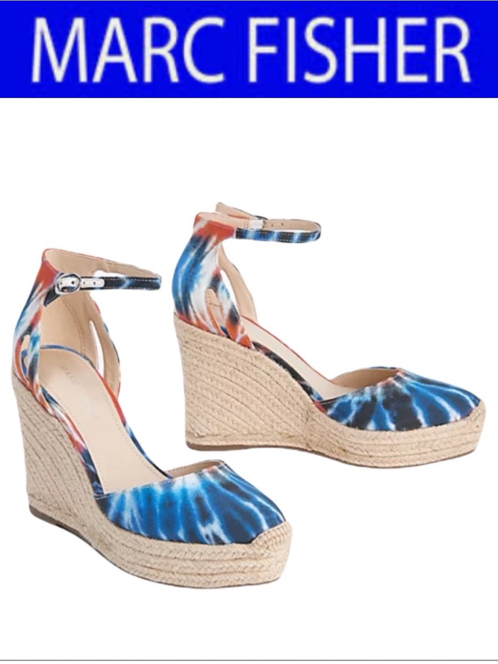 MARC FISHER TEELAN BLUE PATRIOTIC TIE DYE ESPADRILLE WEDGE SANDALS SIZE 8